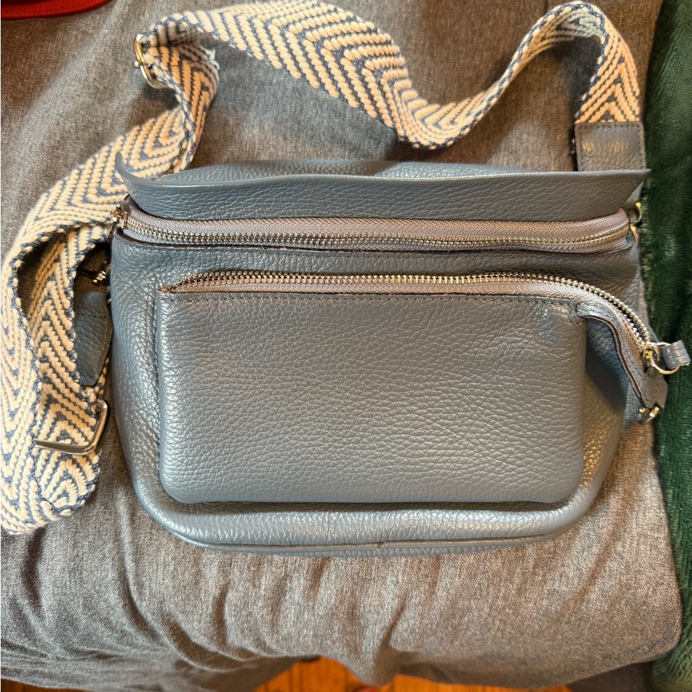 Leather Crossbody Bag in Slate Blue with Patterned Strap